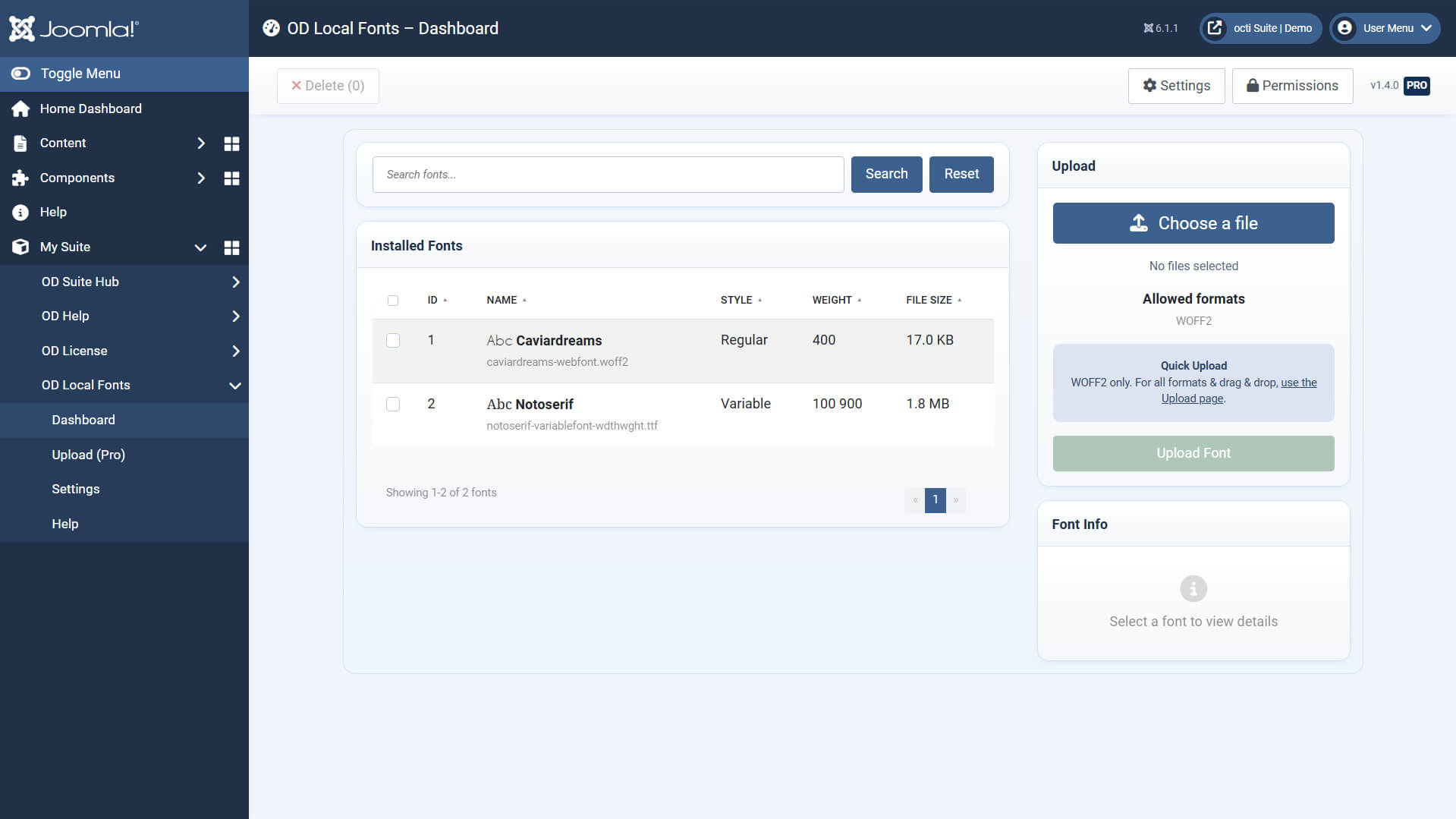OD Local Fonts - Dashboard