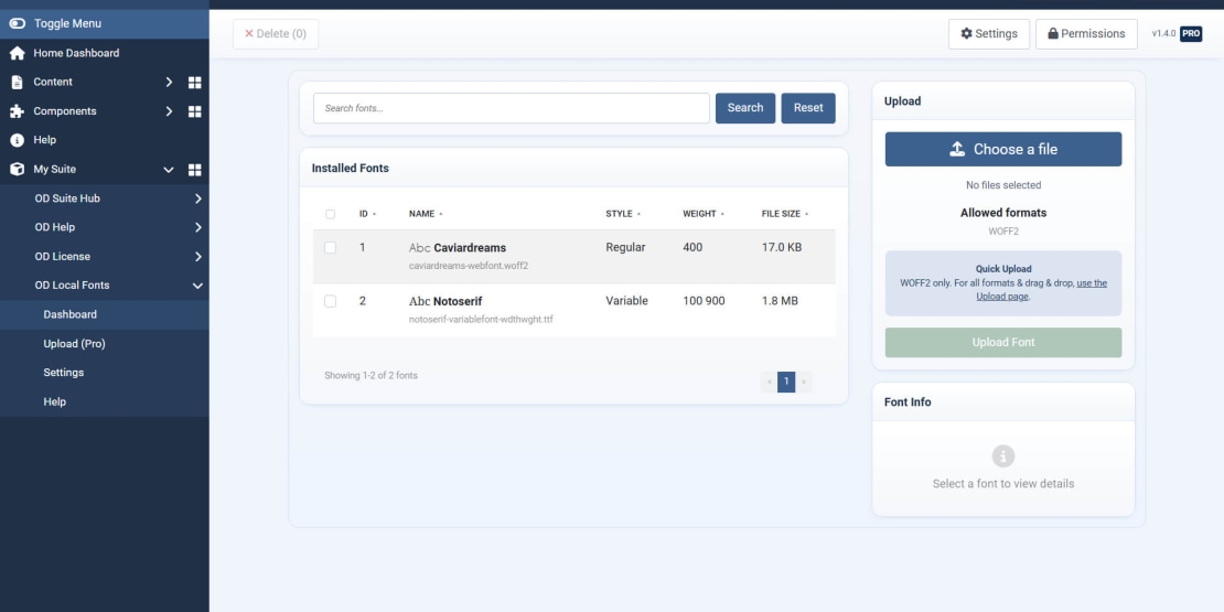 OD Local Fonts - Dashboard